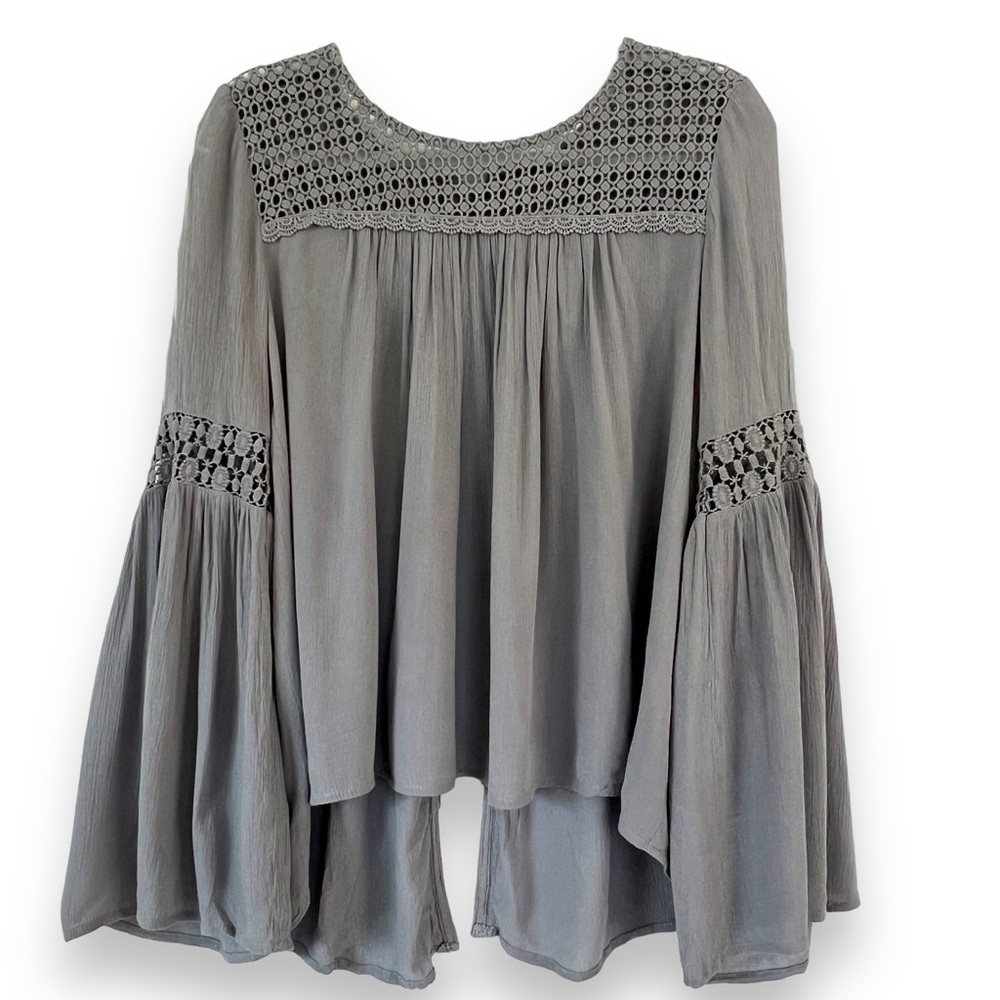 Patrons Of Peace Gray Boho Peasant Blouse Corset Back Bell Sleeves